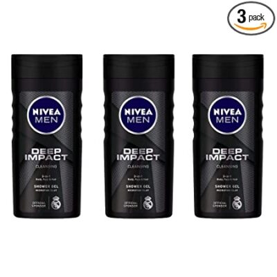 NIVEA Men Body Wash, Deep Impact Shower Gel for Body Face & Hair, 250 ml each (Pack of 3)