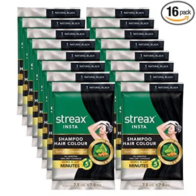 Streax Insta Shampoo Hair Colour For Men & Women | Enriched With Almond Oil & Noni Extracts | Long-Lasting Instant Colour | Natural Black, 15 ml (Pack of 16)