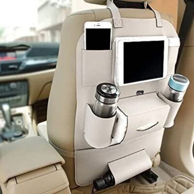 3D Universal Leather Stylish Best Car Seat Organizers and Storage Multi-Pocket Interior Hanging Car Accessories Gift Tablet Wallet Tissue Paper Bottles Documents Holder-White