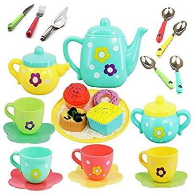 Plastic Tea Party Pretend Play Kitchen Set with Fo...