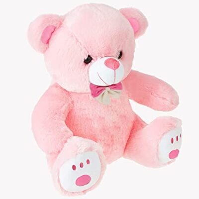 Plush Cute Sitting Teddy Bear Soft Toys with Neck Bow and Foot Print, Pink 35 cm
