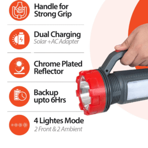 Solar Rechargeable LED Emergency Torch for Home | 2 Modes of Brightness, Convenient Portable Design, in-Built Solar Panel.