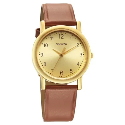 Sonata Classic Quartz Analog Champagne Dial Brown Leather Strap Watch for Men